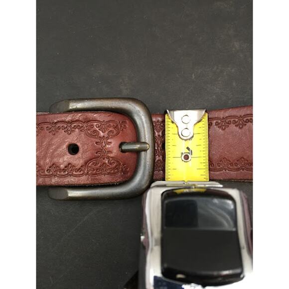 Fossil Tooled Leather Belt Brass buckle Floral Studded women's LARGE hippie boho - Picture 3 of 4